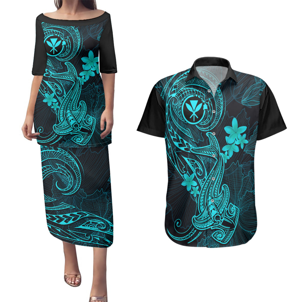 Hawaii Couples Matching Puletasi Dress and Hawaiian Shirt Hammerhead Shark Tattoo Mix Polynesian Plumeria Turquoise Version LT14 Turquoise - Polynesian Pride