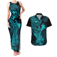 Hawaii Couples Matching Tank Maxi Dress and Hawaiian Shirt Hammerhead Shark Tattoo Mix Polynesian Plumeria Turquoise Version LT14 Turquoise - Polynesian Pride
