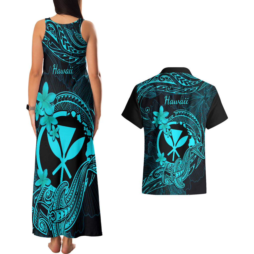 Hawaii Couples Matching Tank Maxi Dress and Hawaiian Shirt Hammerhead Shark Tattoo Mix Polynesian Plumeria Turquoise Version LT14 - Polynesian Pride