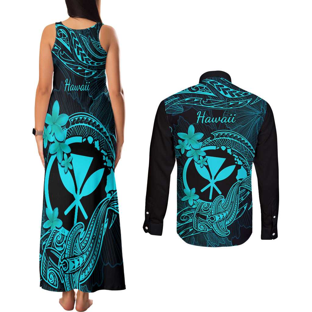 Hawaii Couples Matching Tank Maxi Dress and Long Sleeve Button Shirts Hammerhead Shark Tattoo Mix Polynesian Plumeria Turquoise Version LT14 - Polynesian Pride