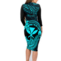 Hawaii Family Matching Long Sleeve Bodycon Dress and Hawaiian Shirt Hammerhead Shark Tattoo Mix Polynesian Plumeria Turquoise Version LT14 - Polynesian Pride
