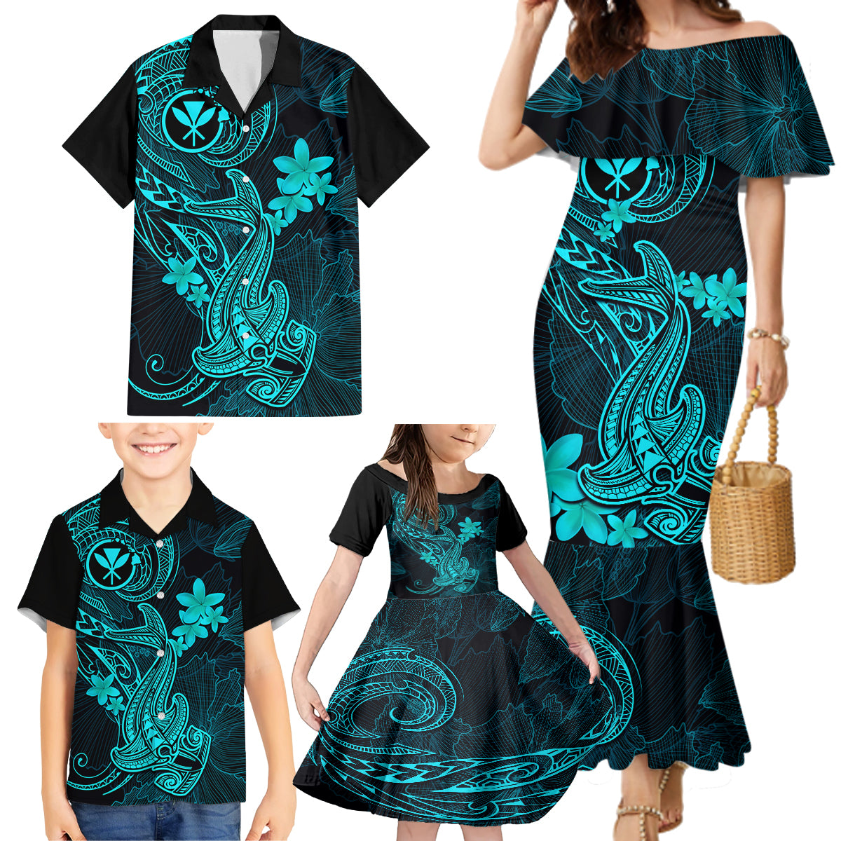 Hawaii Family Matching Mermaid Dress and Hawaiian Shirt Hammerhead Shark Tattoo Mix Polynesian Plumeria Turquoise Version LT14 - Polynesian Pride