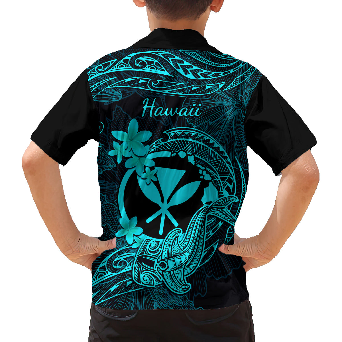 Hawaii Family Matching Off Shoulder Long Sleeve Dress and Hawaiian Shirt Hammerhead Shark Tattoo Mix Polynesian Plumeria Turquoise Version LT14 - Polynesian Pride