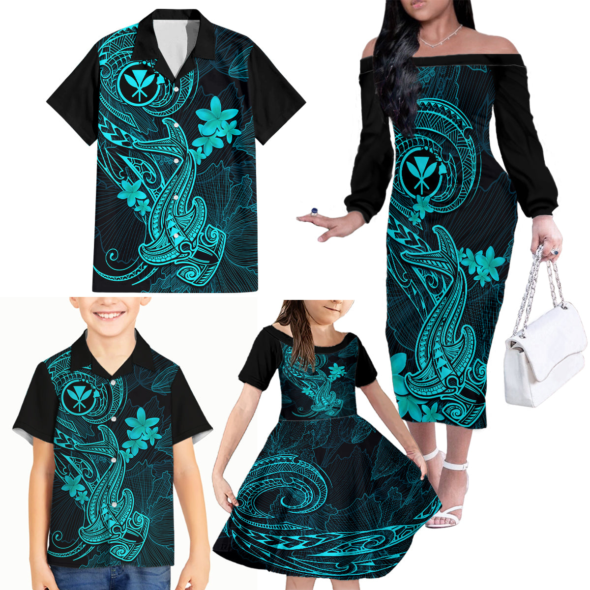 Hawaii Family Matching Off Shoulder Long Sleeve Dress and Hawaiian Shirt Hammerhead Shark Tattoo Mix Polynesian Plumeria Turquoise Version LT14 - Polynesian Pride