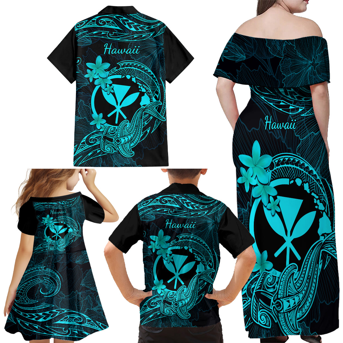 Hawaii Family Matching Off Shoulder Long Sleeve Dress and Hawaiian Shirt Hammerhead Shark Tattoo Mix Polynesian Plumeria Turquoise Version LT14 - Polynesian Pride
