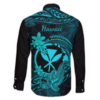 Hawaii Family Matching Off Shoulder Long Sleeve Dress and Hawaiian Shirt Hammerhead Shark Tattoo Mix Polynesian Plumeria Turquoise Version LT14 - Polynesian Pride