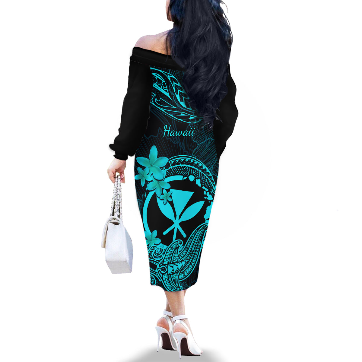 Hawaii Family Matching Off Shoulder Long Sleeve Dress and Hawaiian Shirt Hammerhead Shark Tattoo Mix Polynesian Plumeria Turquoise Version LT14 - Polynesian Pride