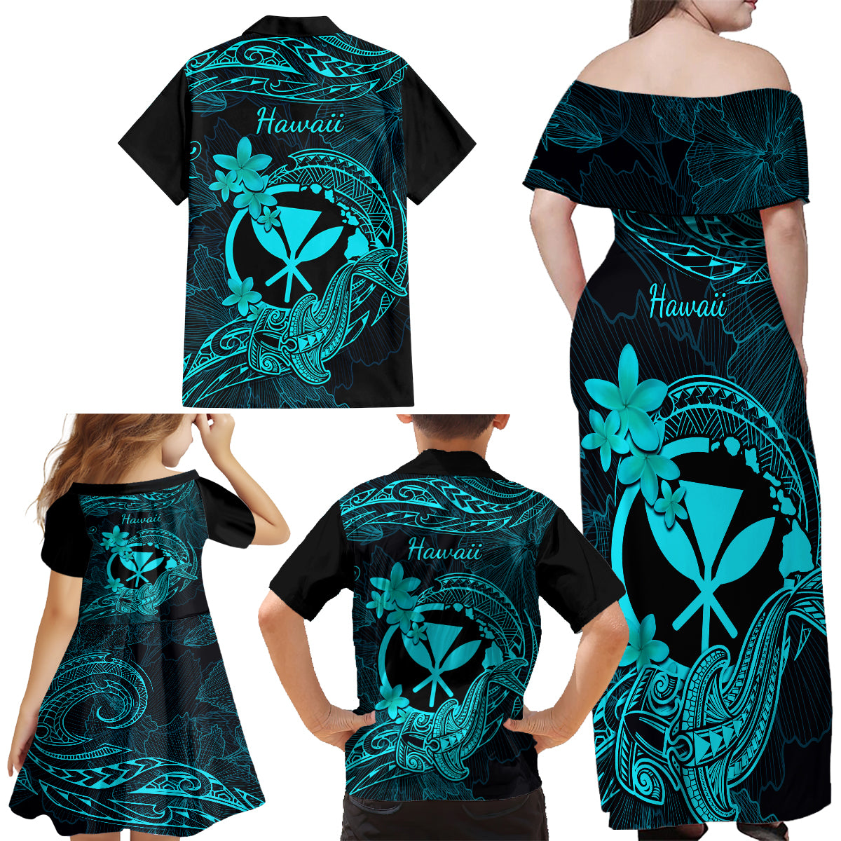 Hawaii Family Matching Off Shoulder Maxi Dress and Hawaiian Shirt Hammerhead Shark Tattoo Mix Polynesian Plumeria Turquoise Version LT14 - Polynesian Pride