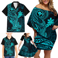 Hawaii Family Matching Off Shoulder Short Dress and Hawaiian Shirt Hammerhead Shark Tattoo Mix Polynesian Plumeria Turquoise Version LT14 - Polynesian Pride