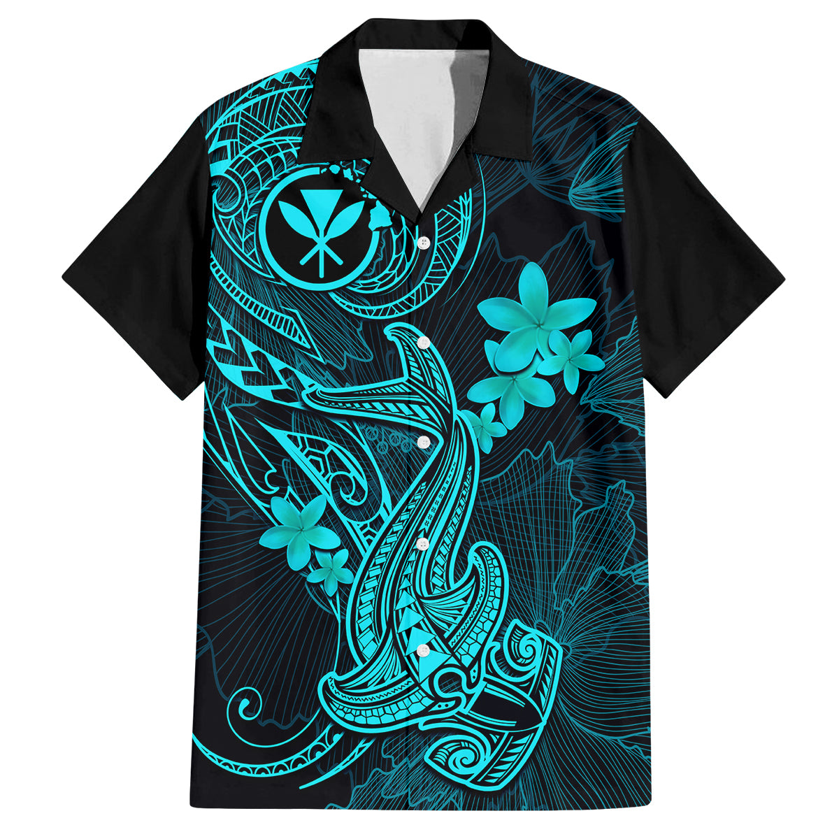 Hawaii Family Matching Off Shoulder Short Dress and Hawaiian Shirt Hammerhead Shark Tattoo Mix Polynesian Plumeria Turquoise Version LT14 Dad's Shirt - Short Sleeve Turquoise - Polynesian Pride