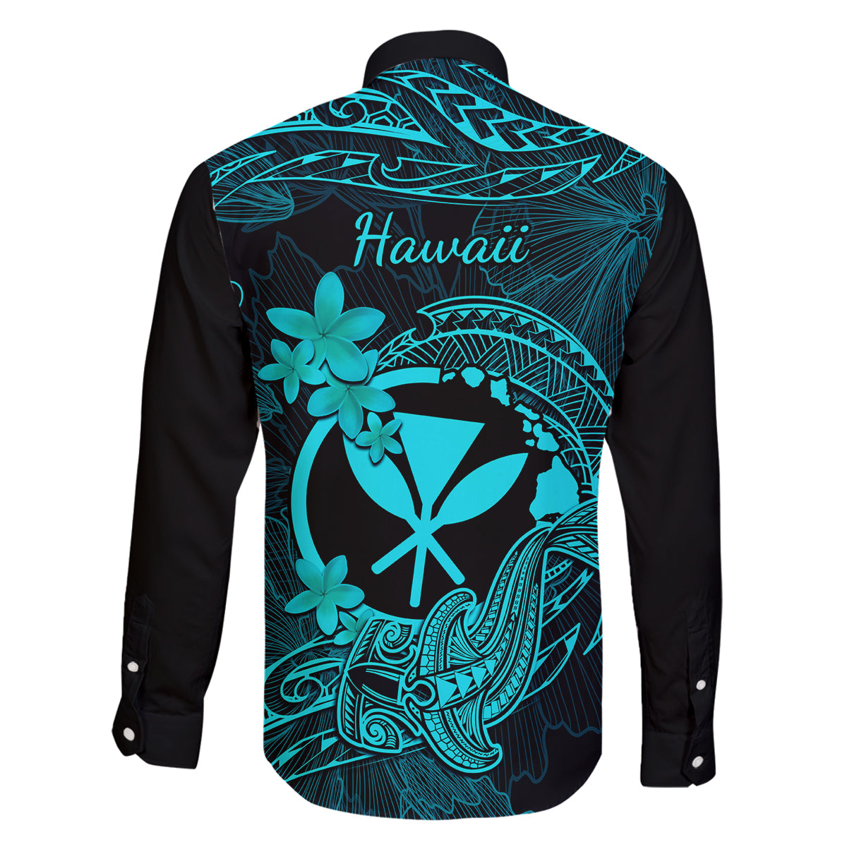 Hawaii Family Matching Off Shoulder Short Dress and Hawaiian Shirt Hammerhead Shark Tattoo Mix Polynesian Plumeria Turquoise Version LT14 - Polynesian Pride