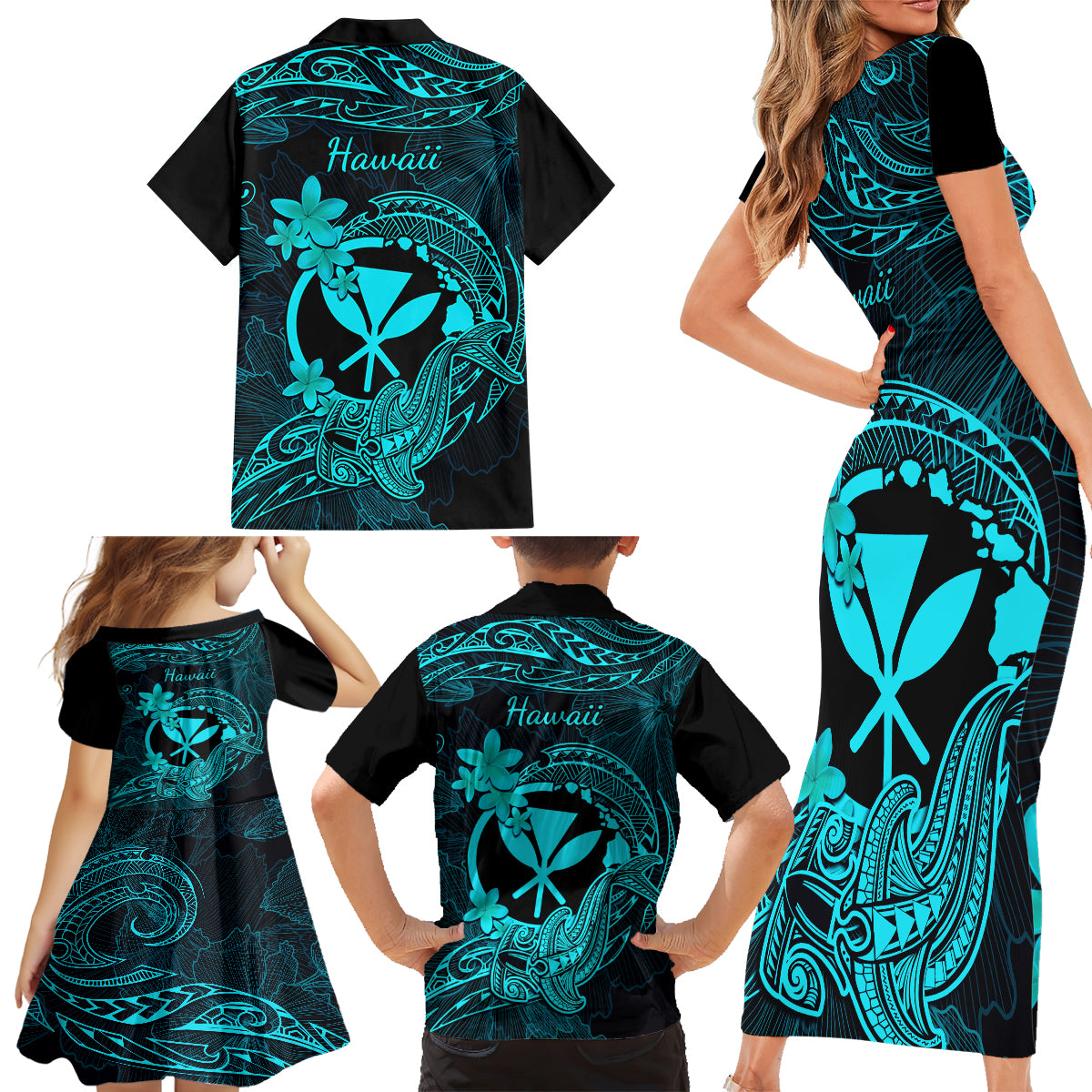 Hawaii Family Matching Short Sleeve Bodycon Dress and Hawaiian Shirt Hammerhead Shark Tattoo Mix Polynesian Plumeria Turquoise Version LT14 - Polynesian Pride