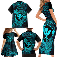 Hawaii Family Matching Short Sleeve Bodycon Dress and Hawaiian Shirt Hammerhead Shark Tattoo Mix Polynesian Plumeria Turquoise Version LT14 - Polynesian Pride