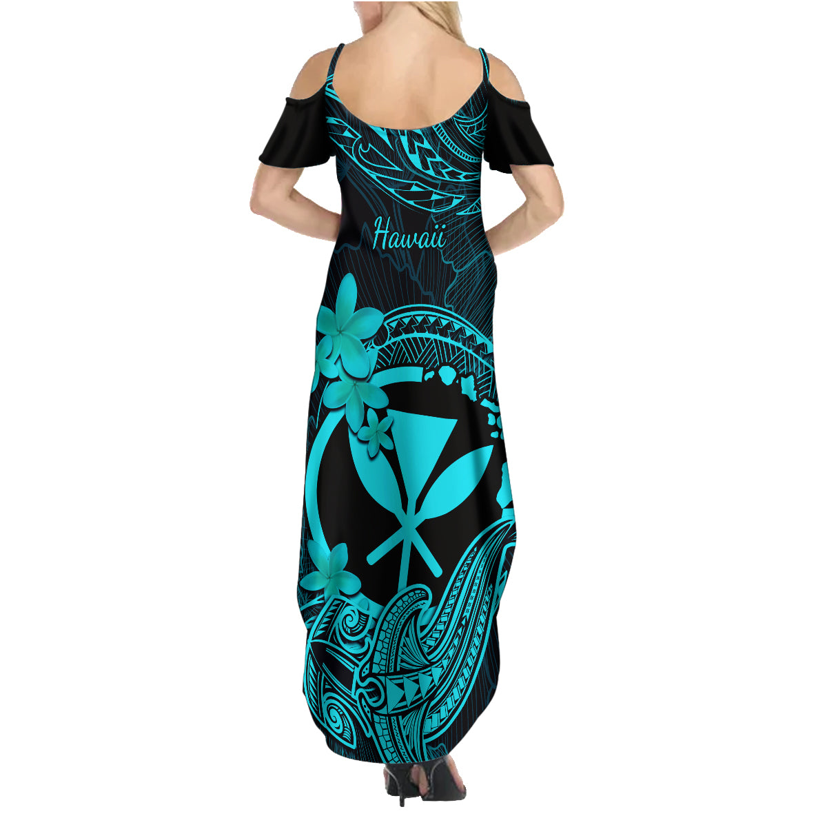 Hawaii Family Matching Summer Maxi Dress and Hawaiian Shirt Hammerhead Shark Tattoo Mix Polynesian Plumeria Turquoise Version LT14 - Polynesian Pride