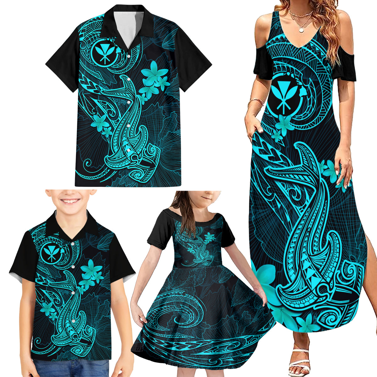 Hawaii Family Matching Summer Maxi Dress and Hawaiian Shirt Hammerhead Shark Tattoo Mix Polynesian Plumeria Turquoise Version LT14 - Polynesian Pride