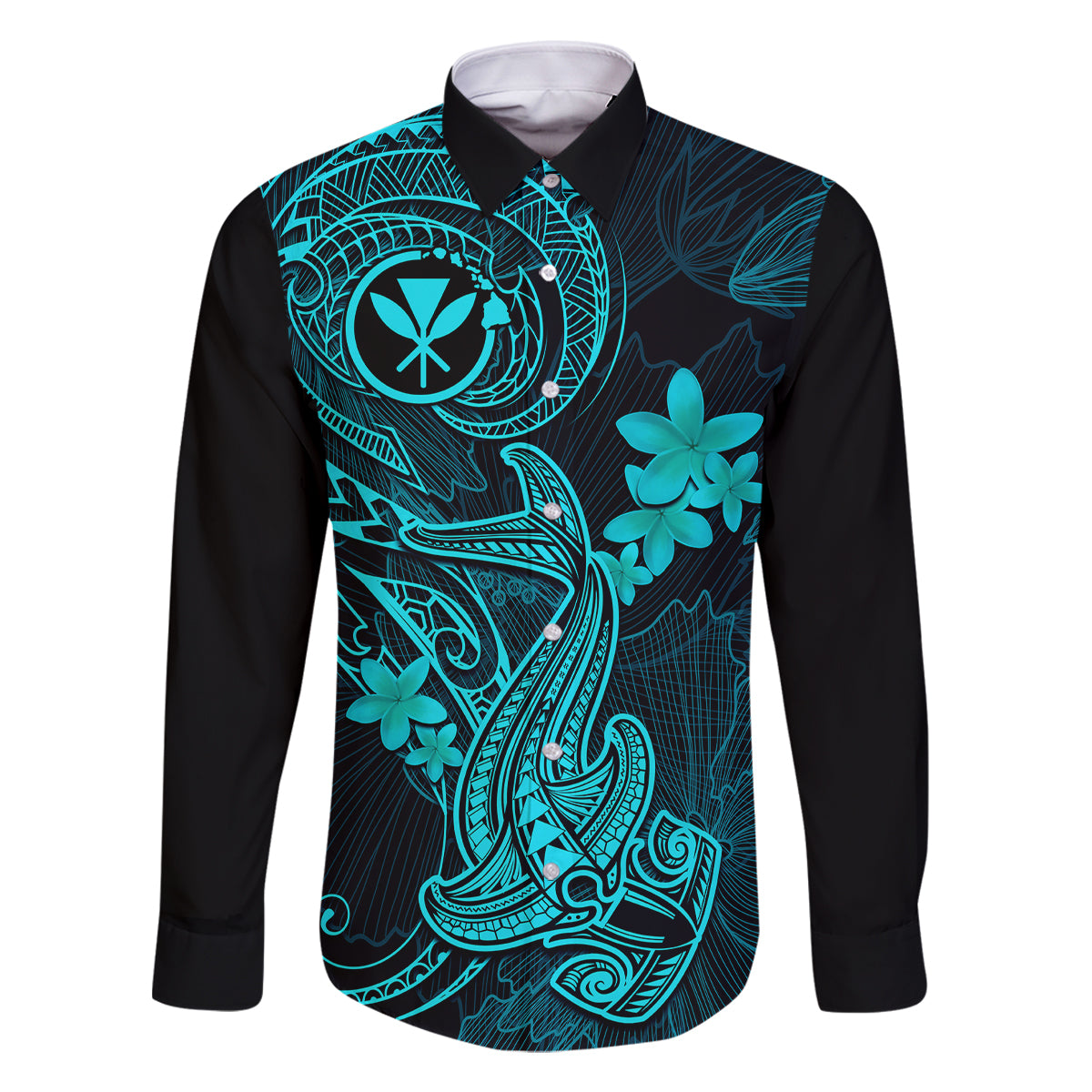 Hawaii Family Matching Summer Maxi Dress and Hawaiian Shirt Hammerhead Shark Tattoo Mix Polynesian Plumeria Turquoise Version LT14 Son's Shirt Turquoise - Polynesian Pride