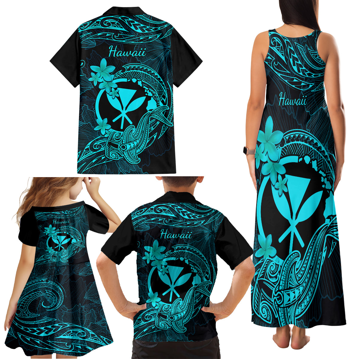 Hawaii Family Matching Tank Maxi Dress and Hawaiian Shirt Hammerhead Shark Tattoo Mix Polynesian Plumeria Turquoise Version LT14 - Polynesian Pride