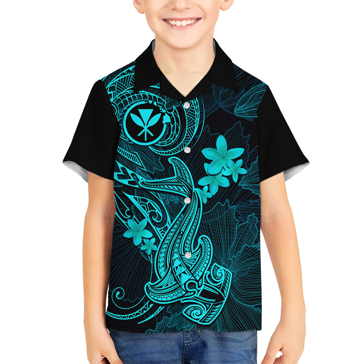 Hawaii Family Matching Tank Maxi Dress and Hawaiian Shirt Hammerhead Shark Tattoo Mix Polynesian Plumeria Turquoise Version LT14 Son's Shirt Turquoise - Polynesian Pride
