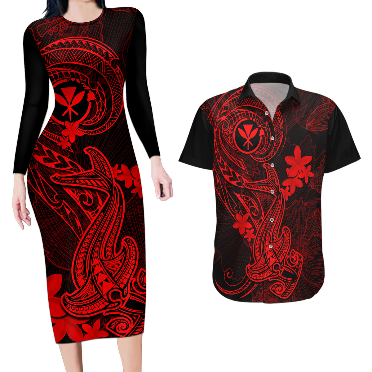 Hawaii Couples Matching Long Sleeve Bodycon Dress and Hawaiian Shirt Hammerhead Shark Tattoo Mix Polynesian Plumeria Red Version LT14 Red - Polynesian Pride