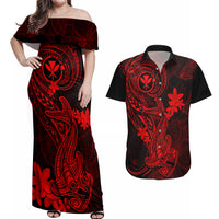 Hawaii Couples Matching Off Shoulder Maxi Dress and Hawaiian Shirt Hammerhead Shark Tattoo Mix Polynesian Plumeria Red Version LT14 Red - Polynesian Pride