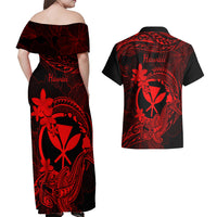Hawaii Couples Matching Off Shoulder Maxi Dress and Hawaiian Shirt Hammerhead Shark Tattoo Mix Polynesian Plumeria Red Version LT14 - Polynesian Pride