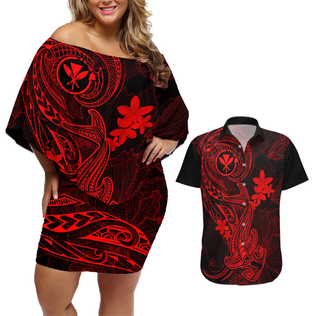Hawaii Couples Matching Off Shoulder Short Dress and Hawaiian Shirt Hammerhead Shark Tattoo Mix Polynesian Plumeria Red Version LT14 Red - Polynesian Pride