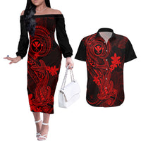 Hawaii Couples Matching Off The Shoulder Long Sleeve Dress and Hawaiian Shirt Hammerhead Shark Tattoo Mix Polynesian Plumeria Red Version LT14 Red - Polynesian Pride