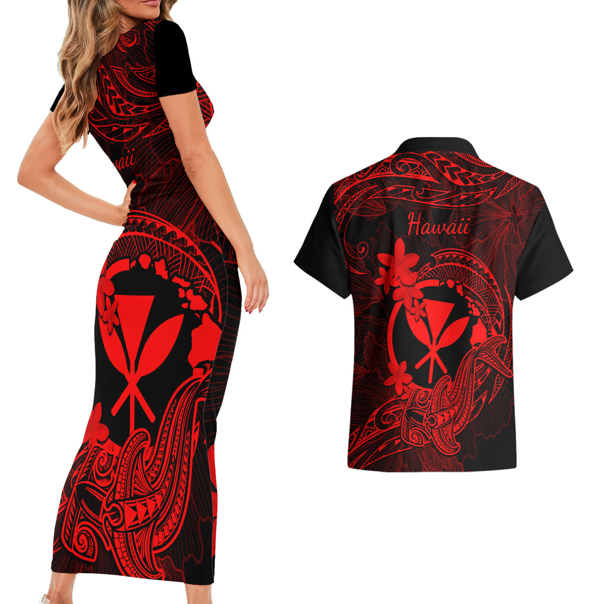 Hawaii Couples Matching Short Sleeve Bodycon Dress and Hawaiian Shirt Hammerhead Shark Tattoo Mix Polynesian Plumeria Red Version LT14 - Polynesian Pride