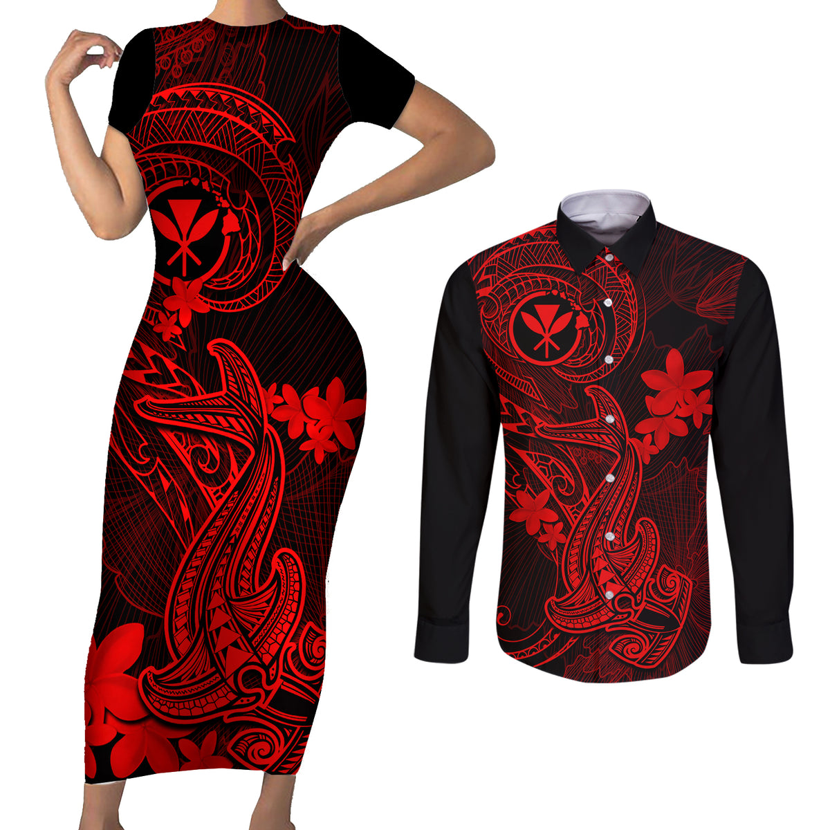 Hawaii Couples Matching Short Sleeve Bodycon Dress and Long Sleeve Button Shirts Hammerhead Shark Tattoo Mix Polynesian Plumeria Red Version LT14 Red - Polynesian Pride