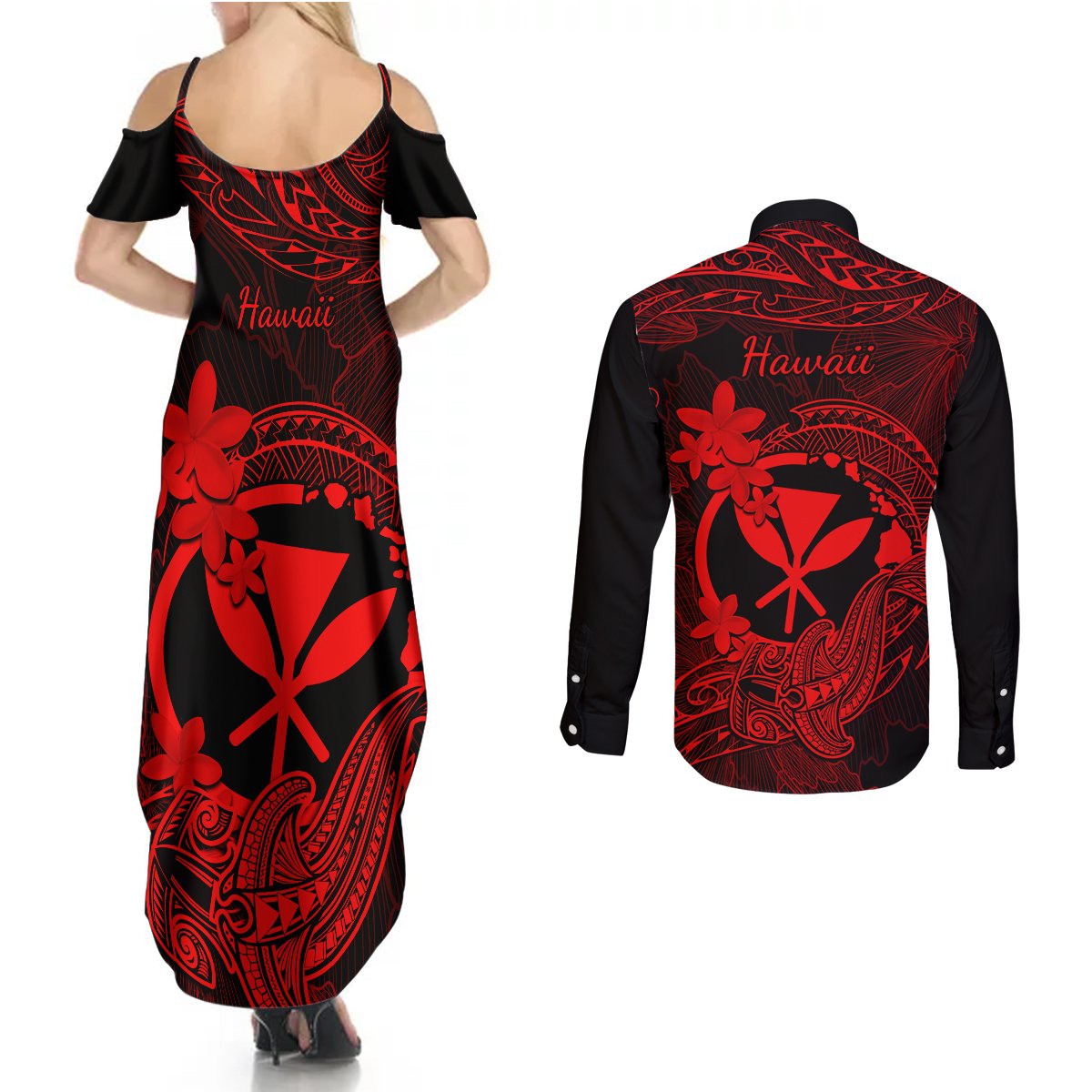 hawaii-couples-matching-summer-maxi-dress-and-long-sleeve-button-shirts-hammerhead-shark-tattoo-mix-polynesian-plumeria-red-version