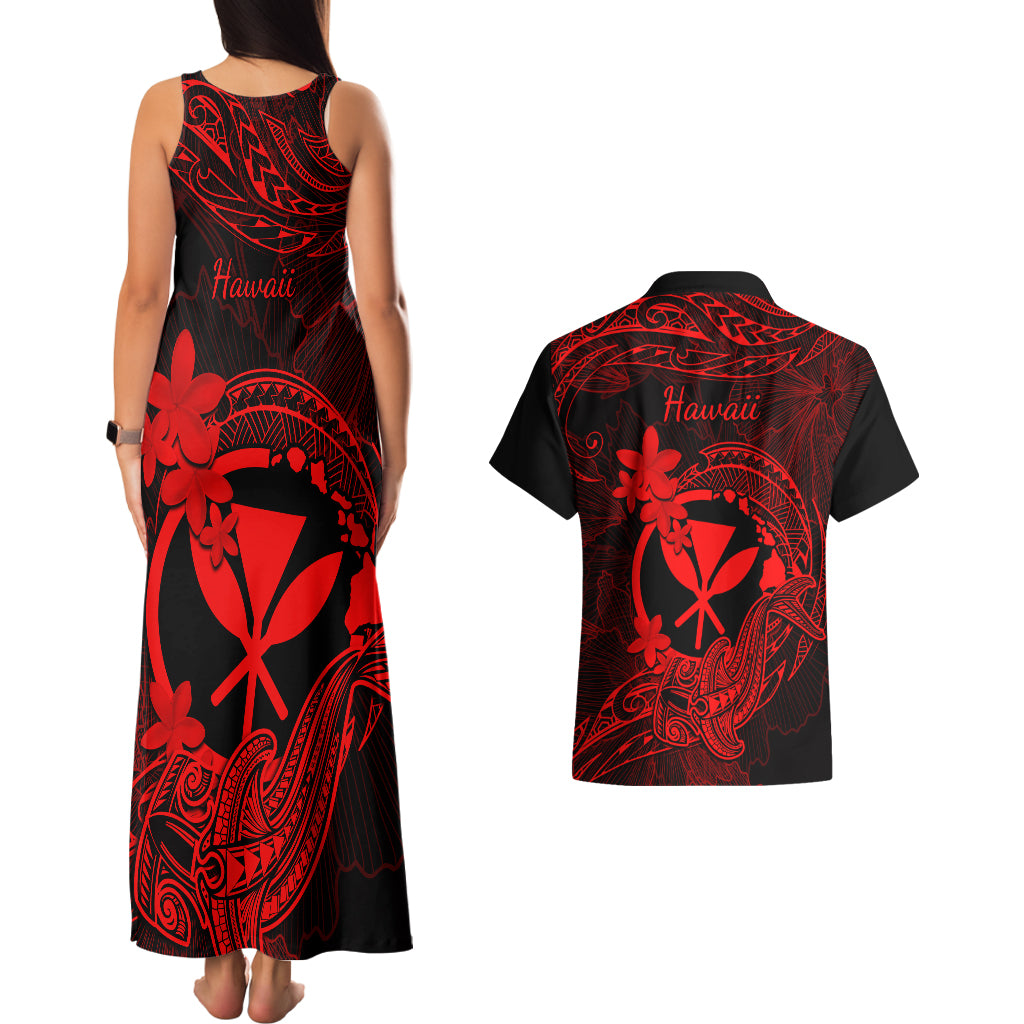 Hawaii Couples Matching Tank Maxi Dress and Hawaiian Shirt Hammerhead Shark Tattoo Mix Polynesian Plumeria Red Version LT14 - Polynesian Pride