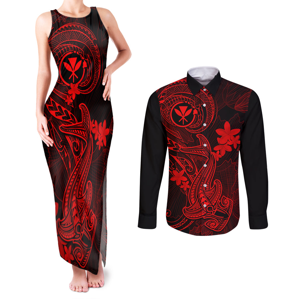 Hawaii Couples Matching Tank Maxi Dress and Long Sleeve Button Shirts Hammerhead Shark Tattoo Mix Polynesian Plumeria Red Version LT14 Red - Polynesian Pride