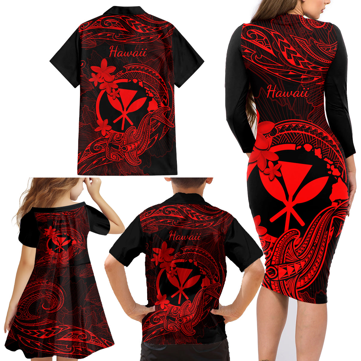 Hawaii Family Matching Long Sleeve Bodycon Dress and Hawaiian Shirt Hammerhead Shark Tattoo Mix Polynesian Plumeria Red Version LT14 - Polynesian Pride