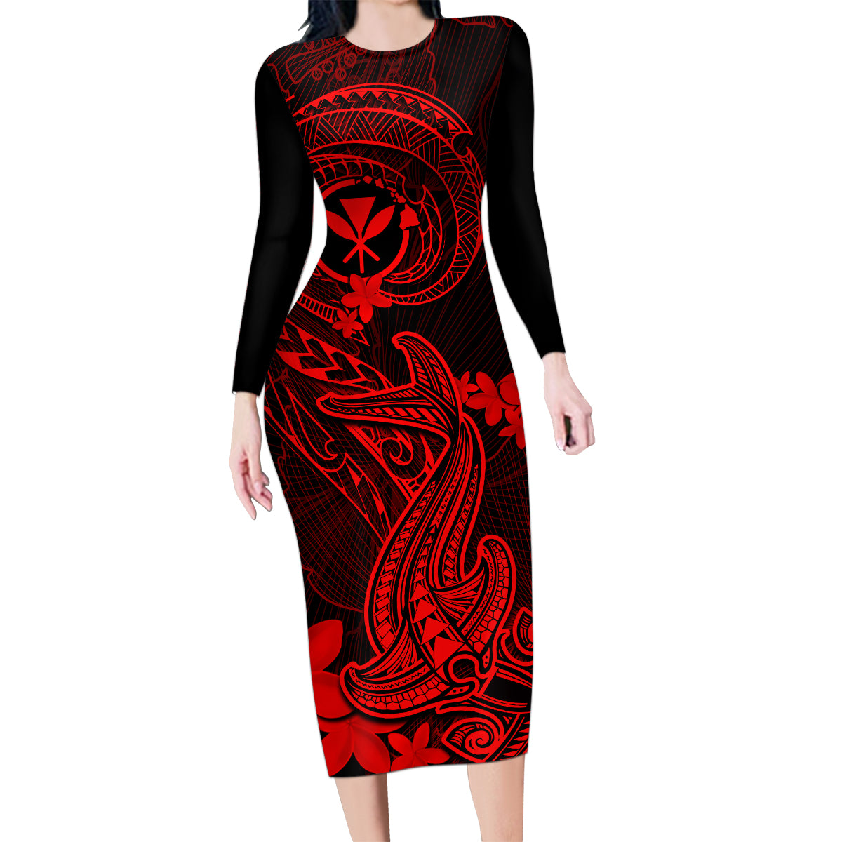 Hawaii Family Matching Long Sleeve Bodycon Dress and Hawaiian Shirt Hammerhead Shark Tattoo Mix Polynesian Plumeria Red Version LT14 Mom's Dress Red - Polynesian Pride