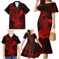 Hawaii Family Matching Mermaid Dress and Hawaiian Shirt Hammerhead Shark Tattoo Mix Polynesian Plumeria Red Version LT14 - Polynesian Pride
