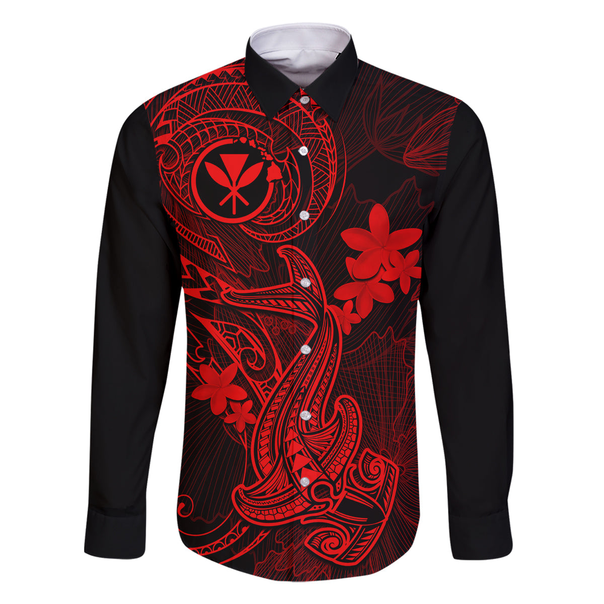 Hawaii Family Matching Off Shoulder Long Sleeve Dress and Hawaiian Shirt Hammerhead Shark Tattoo Mix Polynesian Plumeria Red Version LT14 Dad's Shirt - Long Sleeve Red - Polynesian Pride