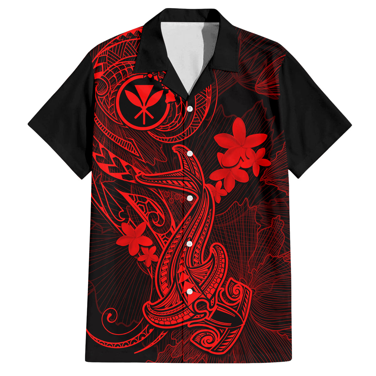 Hawaii Family Matching Off Shoulder Maxi Dress and Hawaiian Shirt Hammerhead Shark Tattoo Mix Polynesian Plumeria Red Version LT14 Dad's Shirt - Short Sleeve Red - Polynesian Pride