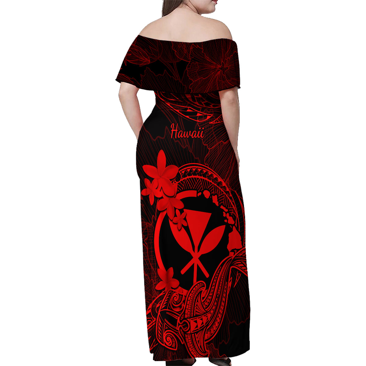 Hawaii Family Matching Off Shoulder Maxi Dress and Hawaiian Shirt Hammerhead Shark Tattoo Mix Polynesian Plumeria Red Version LT14 - Polynesian Pride