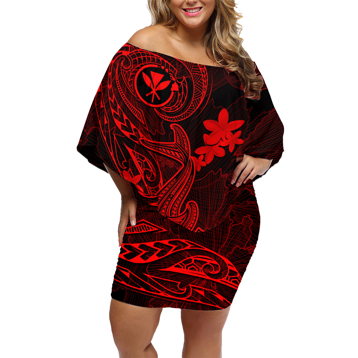 Hawaii Family Matching Off Shoulder Short Dress and Hawaiian Shirt Hammerhead Shark Tattoo Mix Polynesian Plumeria Red Version LT14 Mom's Dress Red - Polynesian Pride