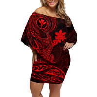 Hawaii Family Matching Off Shoulder Short Dress and Hawaiian Shirt Hammerhead Shark Tattoo Mix Polynesian Plumeria Red Version LT14 Mom's Dress Red - Polynesian Pride