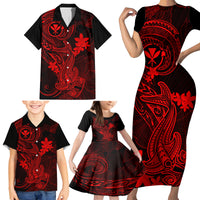 Hawaii Family Matching Short Sleeve Bodycon Dress and Hawaiian Shirt Hammerhead Shark Tattoo Mix Polynesian Plumeria Red Version LT14 - Polynesian Pride