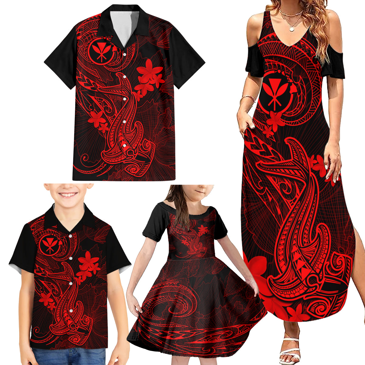 Hawaii Family Matching Summer Maxi Dress and Hawaiian Shirt Hammerhead Shark Tattoo Mix Polynesian Plumeria Red Version LT14 - Polynesian Pride