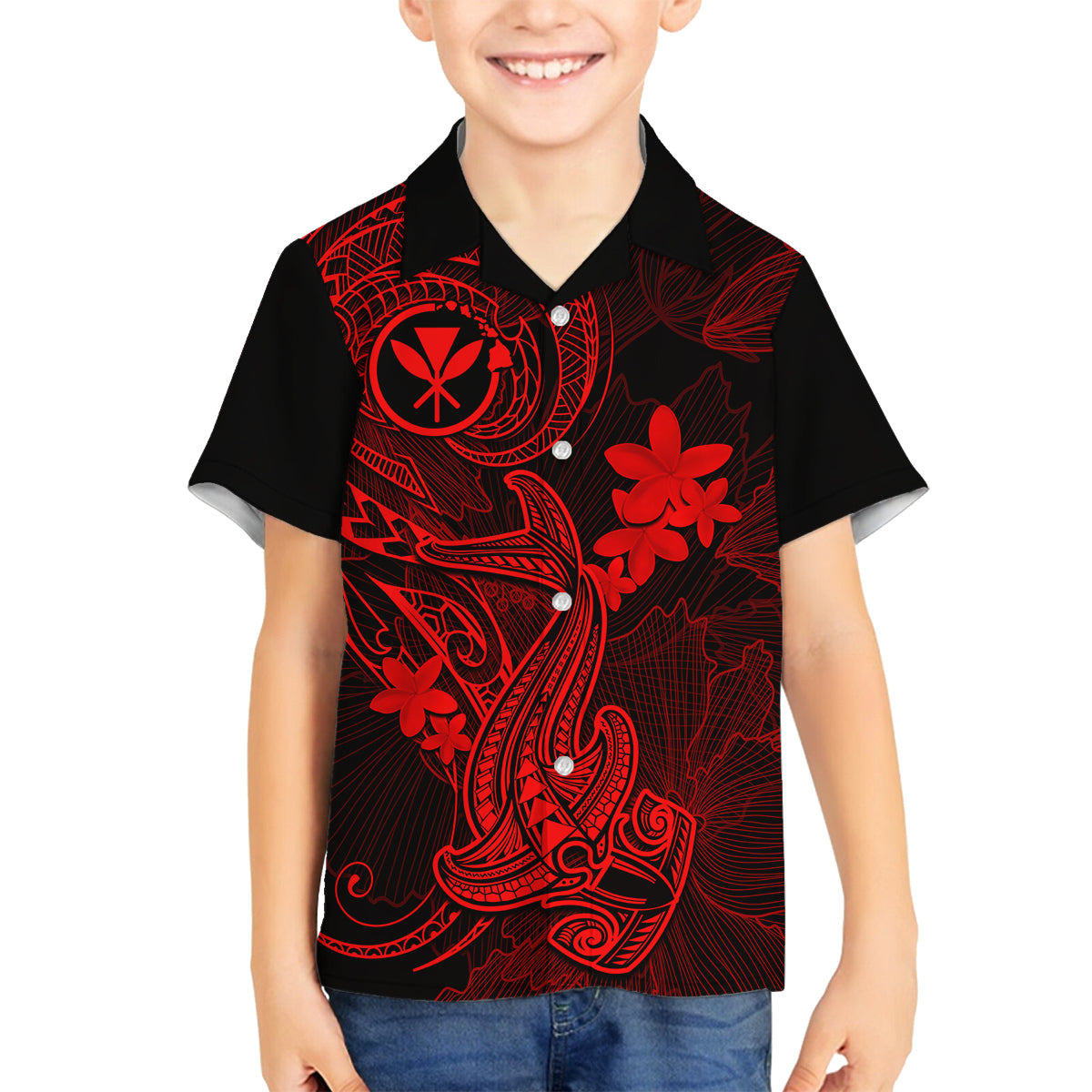 Hawaii Family Matching Summer Maxi Dress and Hawaiian Shirt Hammerhead Shark Tattoo Mix Polynesian Plumeria Red Version LT14 Dad's Shirt - Long Sleeve Red - Polynesian Pride
