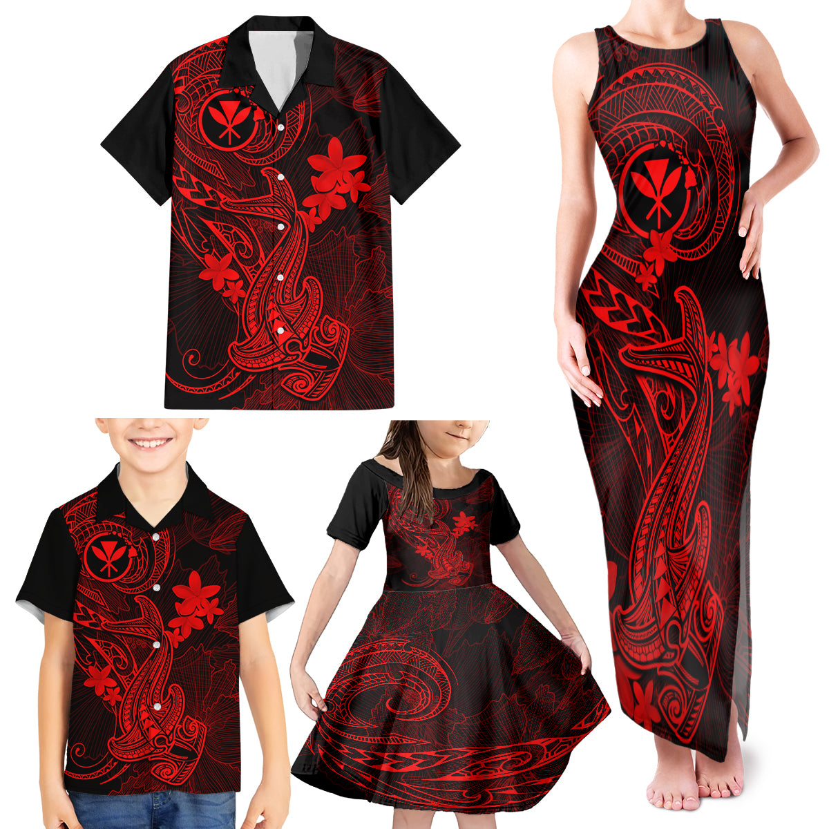 Hawaii Family Matching Tank Maxi Dress and Hawaiian Shirt Hammerhead Shark Tattoo Mix Polynesian Plumeria Red Version LT14 - Polynesian Pride