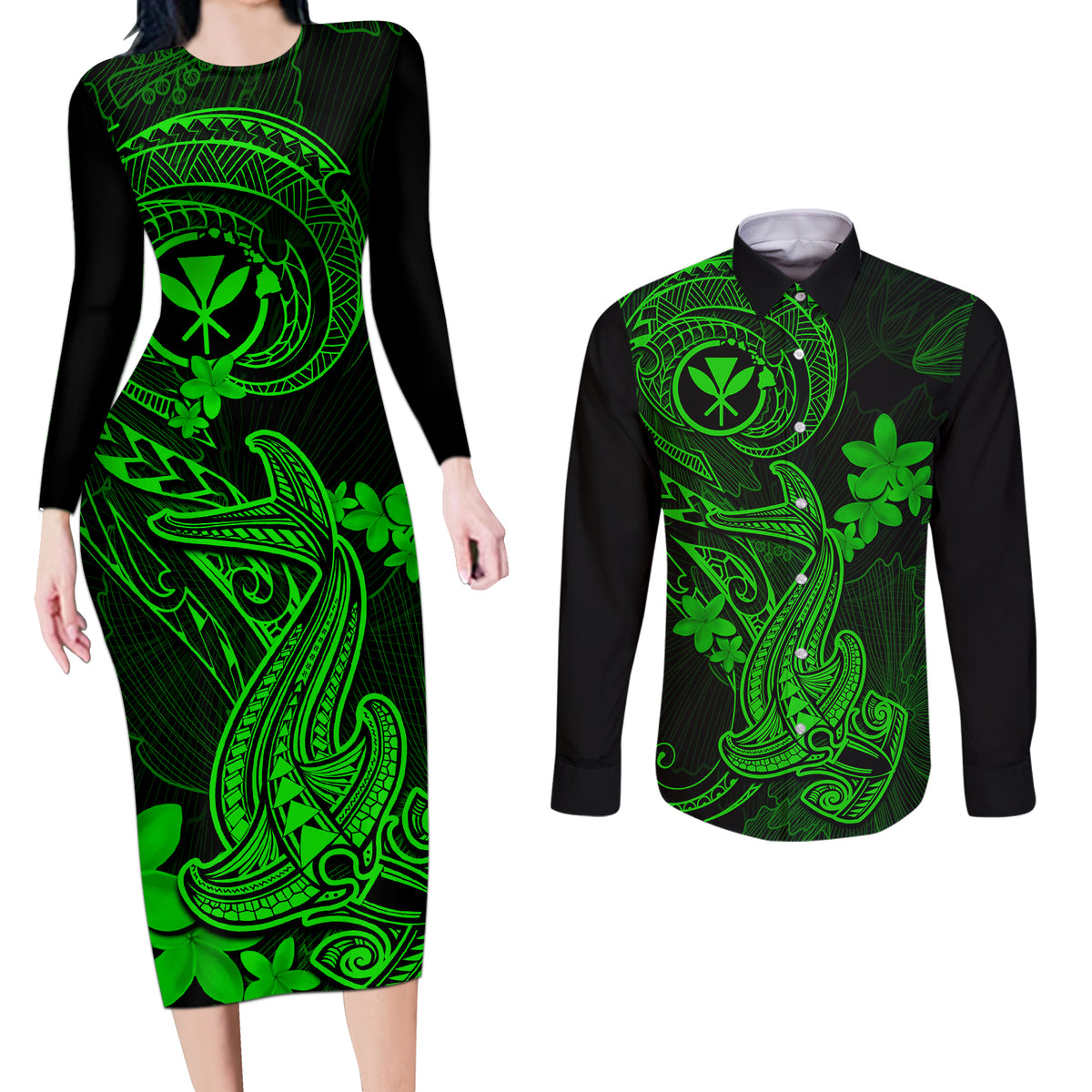 Hawaii Couples Matching Long Sleeve Bodycon Dress and Long Sleeve Button Shirts Hammerhead Shark Tattoo Mix Polynesian Plumeria Green Version LT14 Green - Polynesian Pride