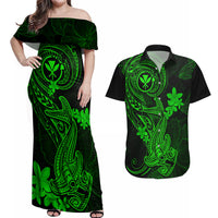 Hawaii Couples Matching Off Shoulder Maxi Dress and Hawaiian Shirt Hammerhead Shark Tattoo Mix Polynesian Plumeria Green Version LT14 Green - Polynesian Pride