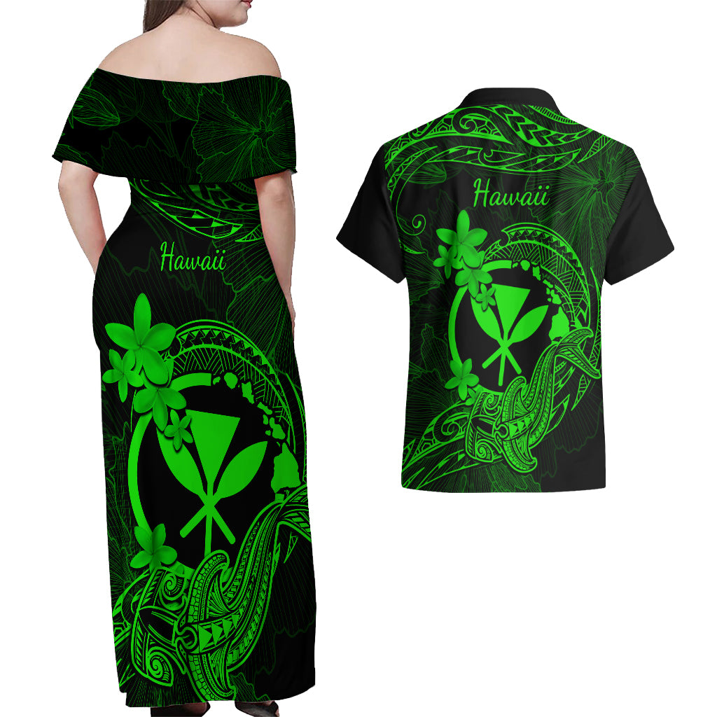 Hawaii Couples Matching Off Shoulder Maxi Dress and Hawaiian Shirt Hammerhead Shark Tattoo Mix Polynesian Plumeria Green Version LT14 - Polynesian Pride