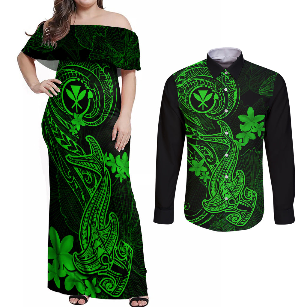 Hawaii Couples Matching Off Shoulder Maxi Dress and Long Sleeve Button Shirts Hammerhead Shark Tattoo Mix Polynesian Plumeria Green Version LT14 Green - Polynesian Pride