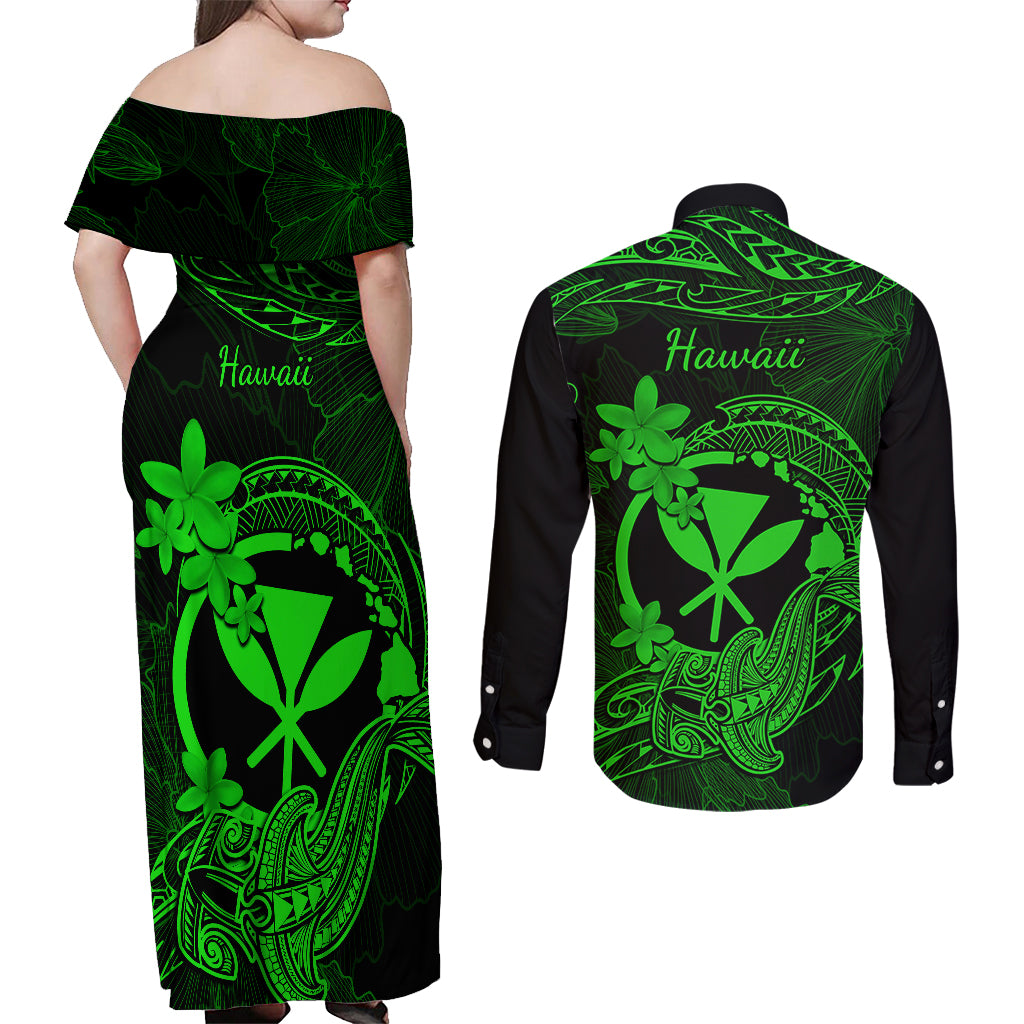Hawaii Couples Matching Off Shoulder Maxi Dress and Long Sleeve Button Shirts Hammerhead Shark Tattoo Mix Polynesian Plumeria Green Version LT14 - Polynesian Pride