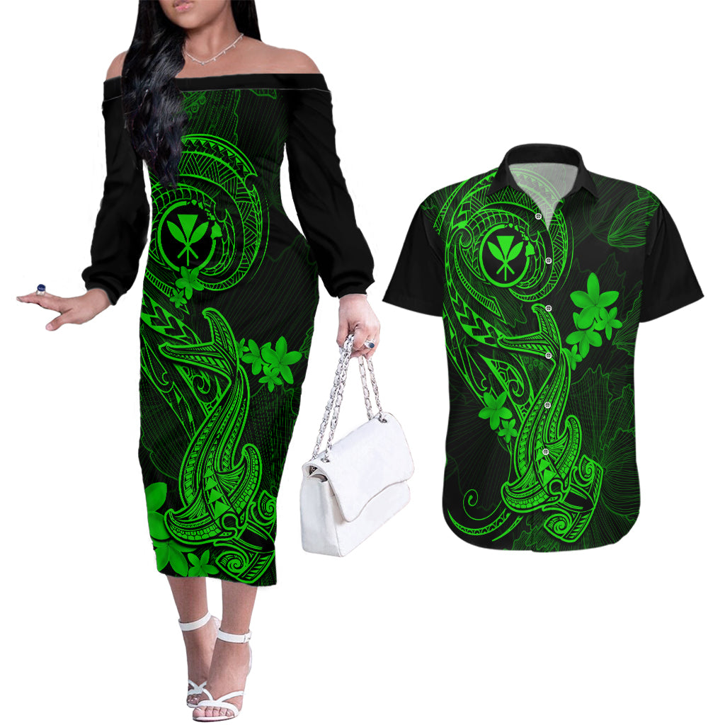 Hawaii Couples Matching Off The Shoulder Long Sleeve Dress and Hawaiian Shirt Hammerhead Shark Tattoo Mix Polynesian Plumeria Green Version LT14 Green - Polynesian Pride